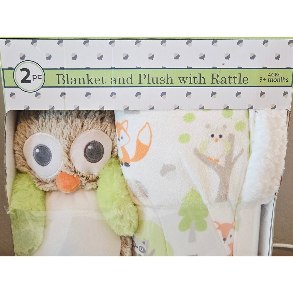 Blankets & Beyond 2pc Set Owl Plush Rattle Woodland Fox Fleece Blanket 30x45 NEW - Picture 2 of 3